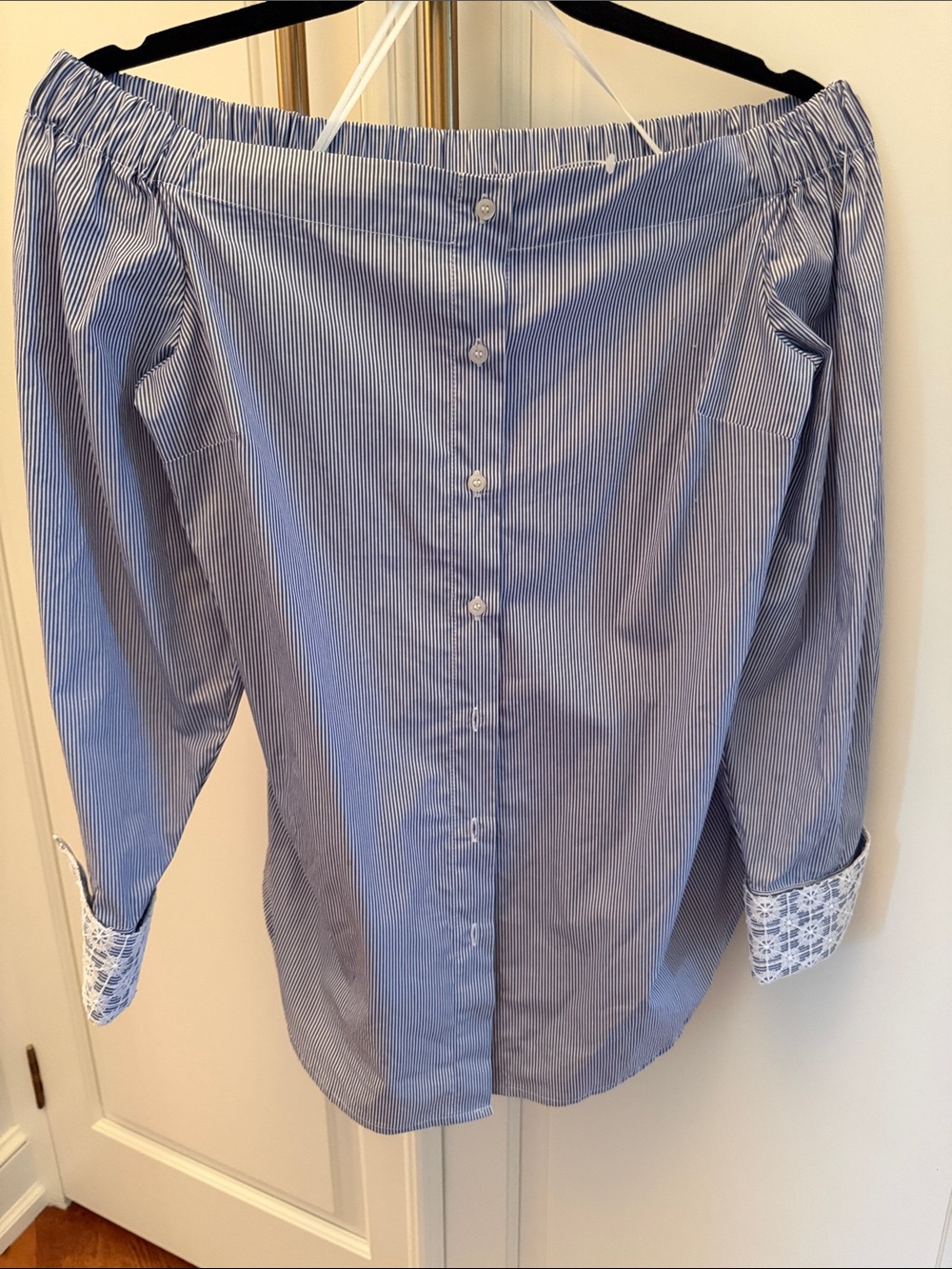 Nanette Lepore Blue & White Striped Button-Front Off-shoulder top S NWOT